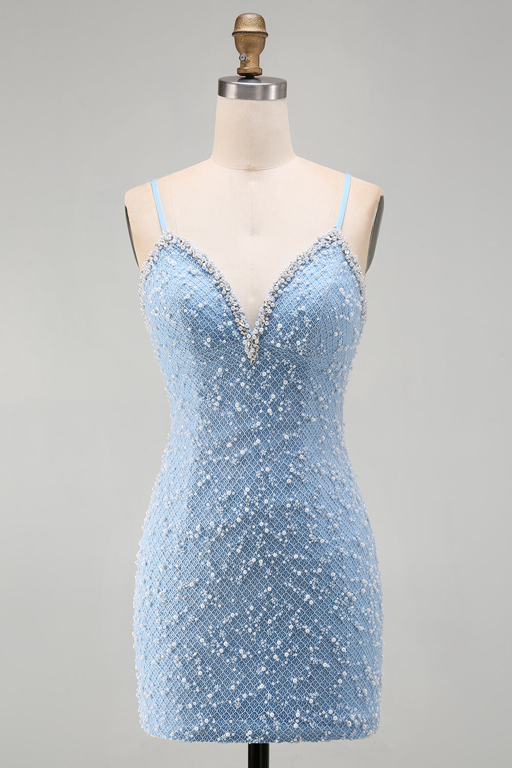 Blue Spaghetti Straps Lace Up Back Bodycon Short Homecoming Dress with Pearls