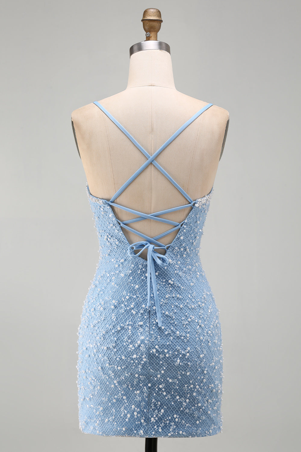 Blue Spaghetti Straps Lace Up Back Bodycon Short Homecoming Dress with Pearls