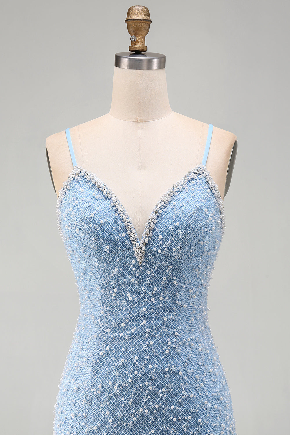 Blue Spaghetti Straps Lace Up Back Bodycon Short Homecoming Dress with Pearls