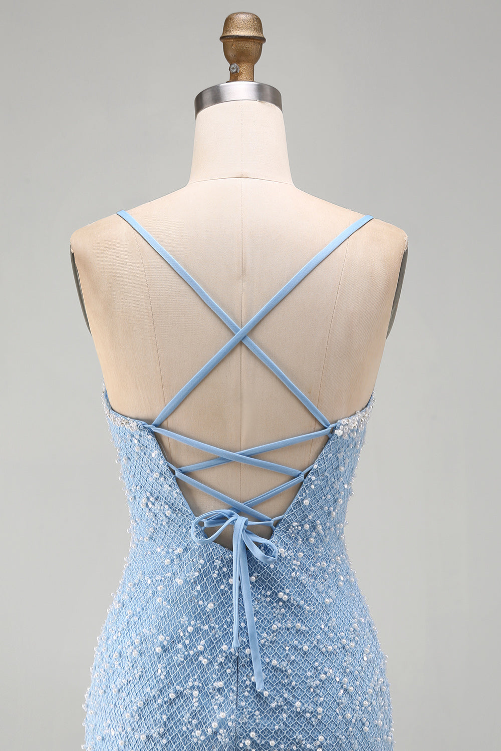 Blue Spaghetti Straps Lace Up Back Bodycon Short Homecoming Dress with Pearls