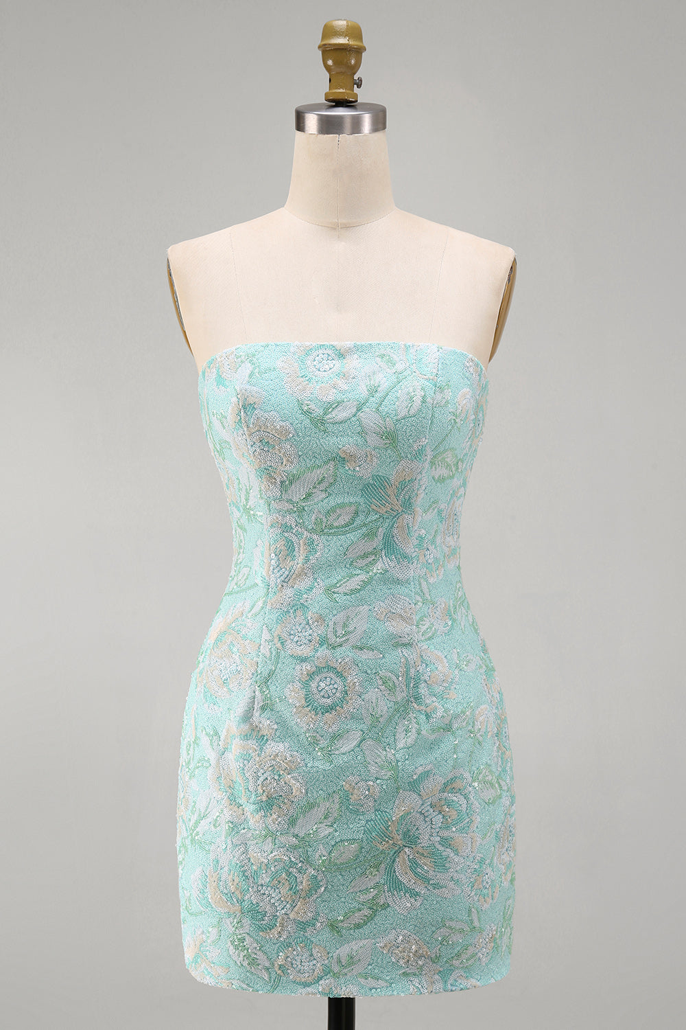 Mint Floral Strapless Bodycon Sequins Short Homecoming Dress