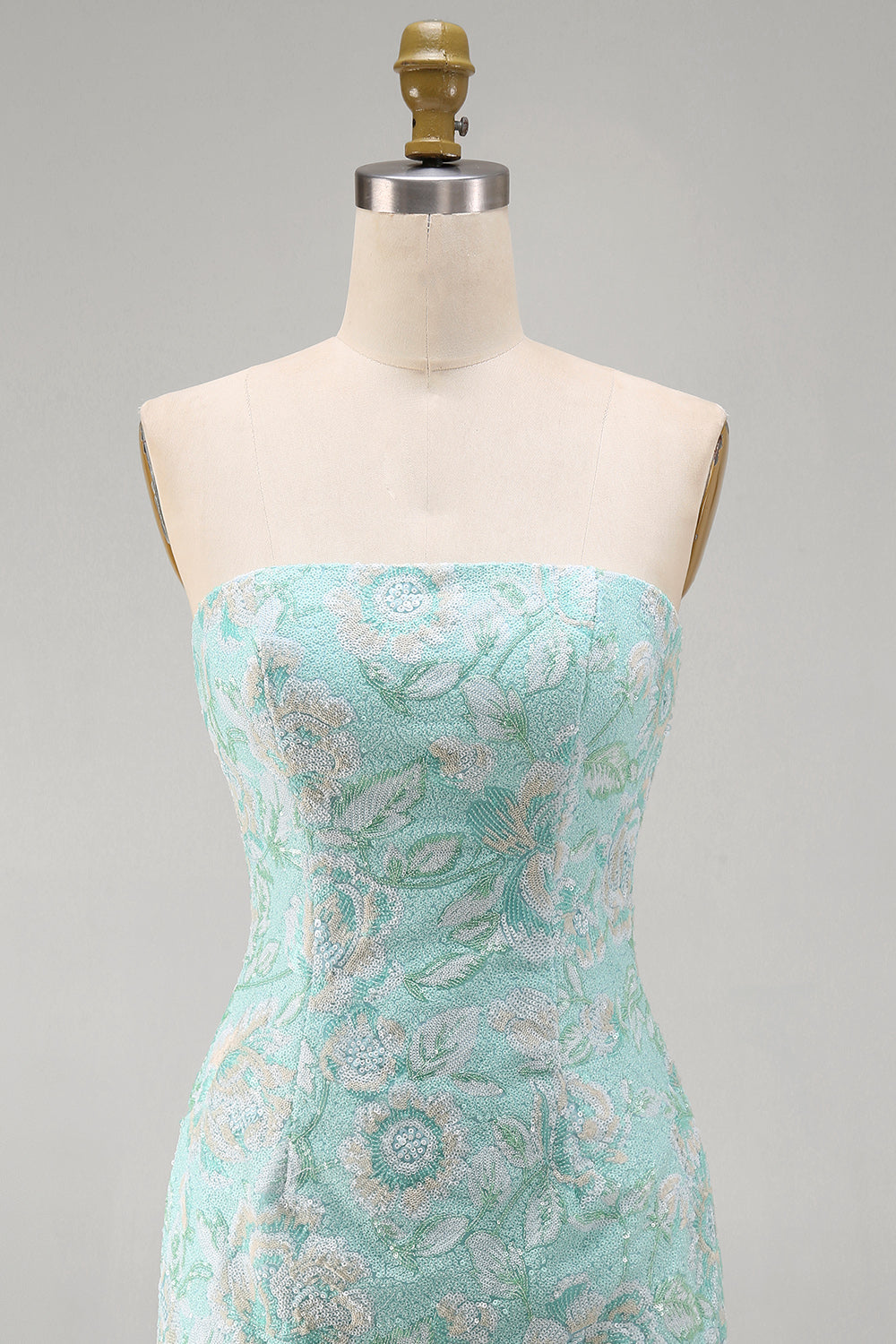 Mint Floral Strapless Bodycon Sequins Short Homecoming Dress