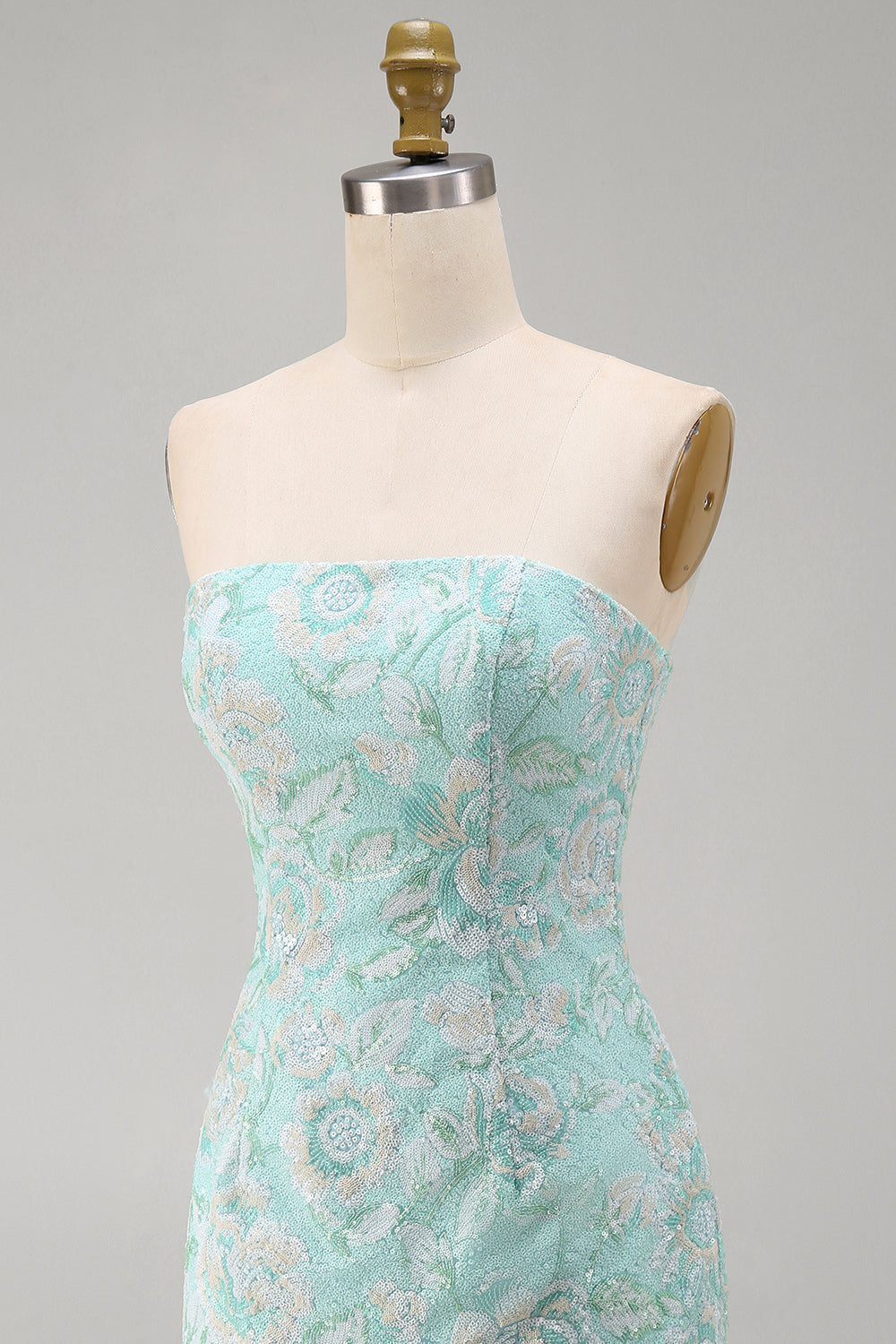 Mint Floral Strapless Bodycon Sequins Short Homecoming Dress