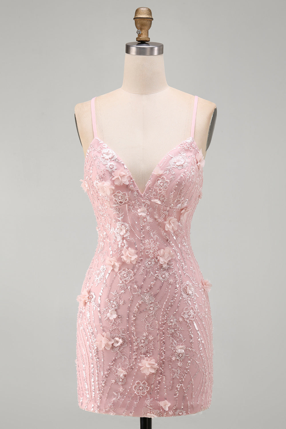 Pink Floral Lace-Up Back Spaghetti Strap Short Homecoming Dress with Sequins