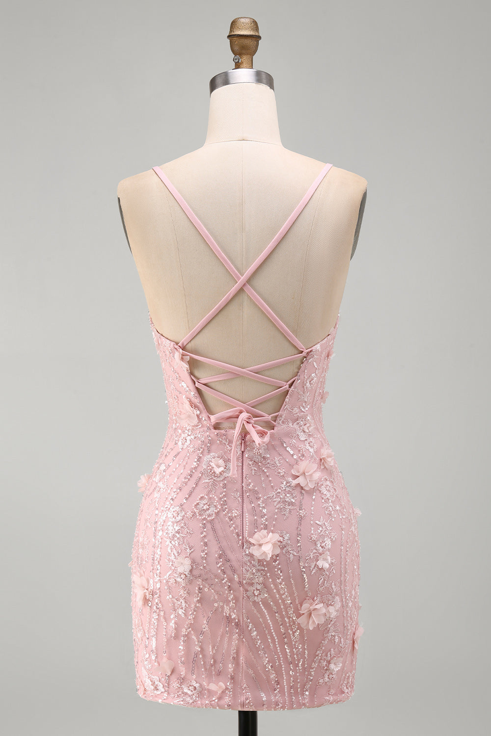 Pink Floral Lace-Up Back Spaghetti Strap Short Homecoming Dress with Sequins