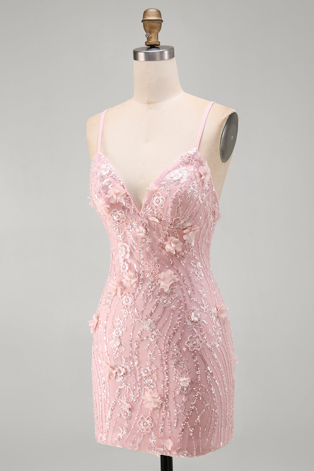 Pink Floral Lace-Up Back Spaghetti Strap Short Homecoming Dress with Sequins