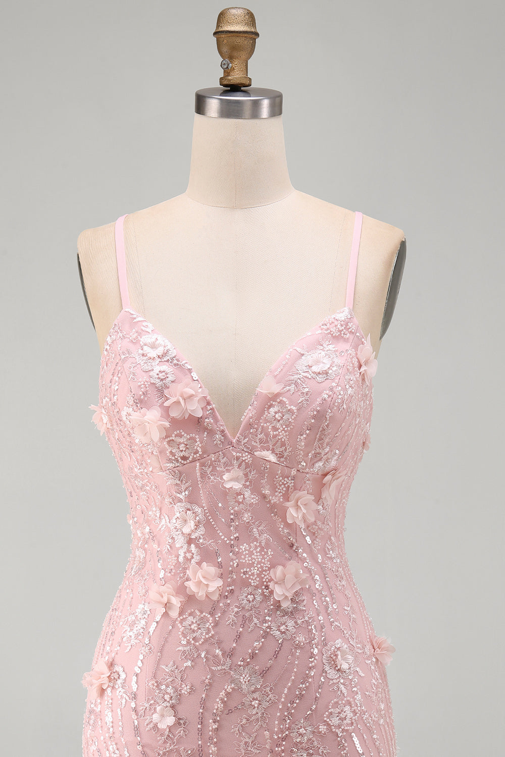 Pink Floral Lace-Up Back Spaghetti Strap Short Homecoming Dress with Sequins