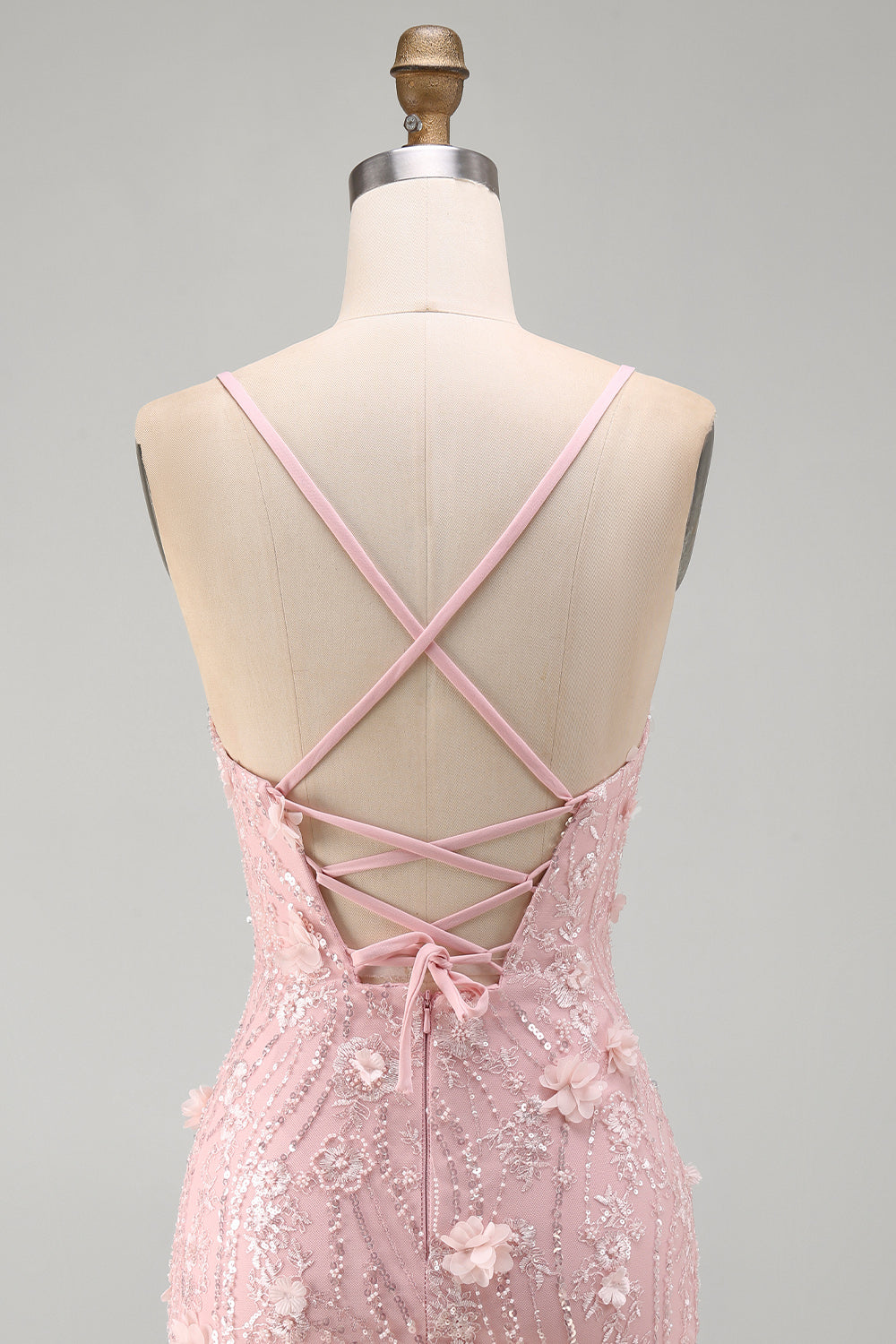 Pink Floral Lace-Up Back Spaghetti Strap Short Homecoming Dress with Sequins