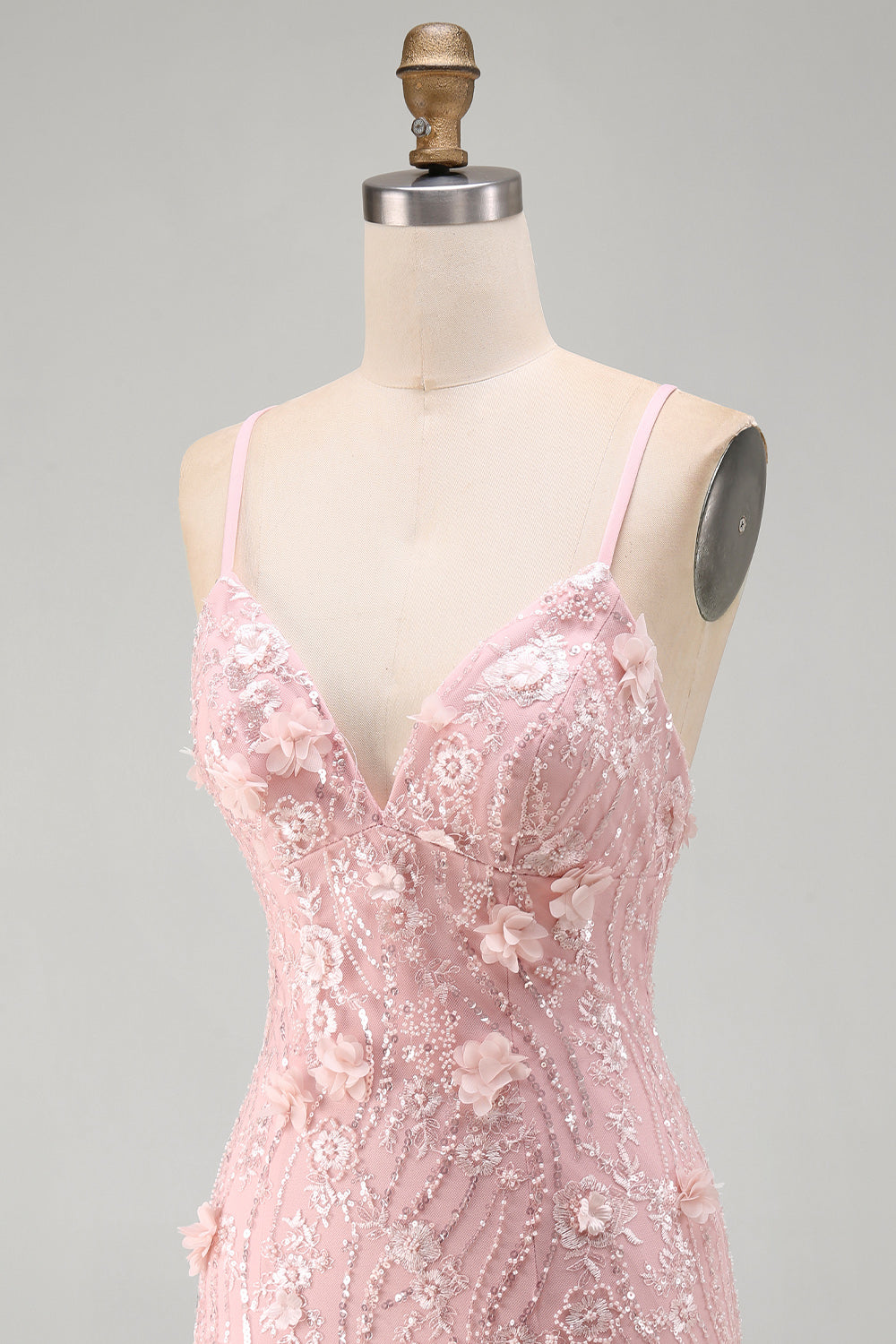 Pink Floral Lace-Up Back Spaghetti Strap Short Homecoming Dress with Sequins