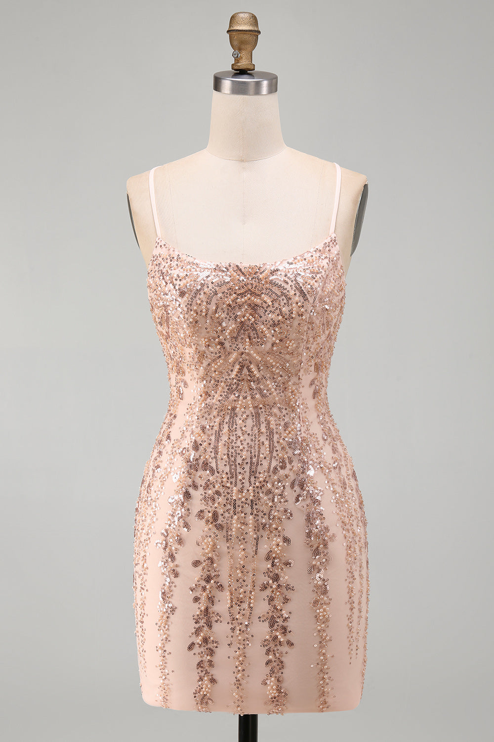 Robe de cocktail courte moulante en champagne à paillettes avec dos lacé