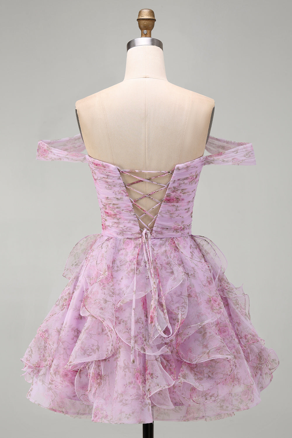 Lilac Off the Shoulder A-Line Ruffle Short Homecoming Dress with Lace Up Back