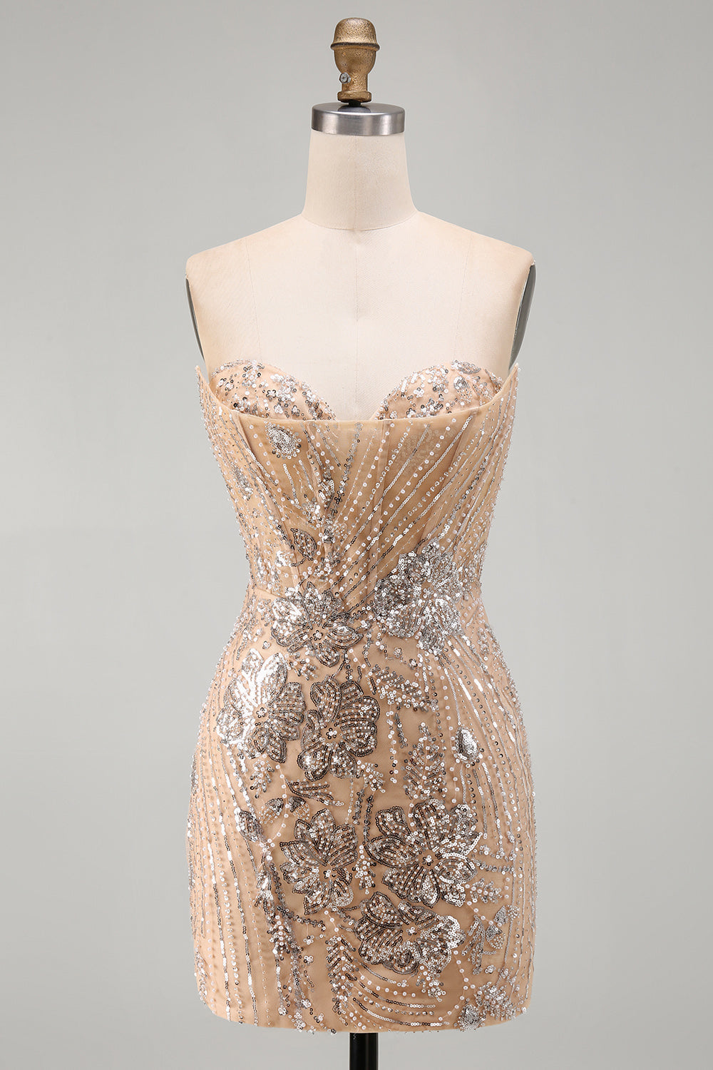 Champagne Strapless Sequins Bodycon Homecoming Dress with Lace Up Back