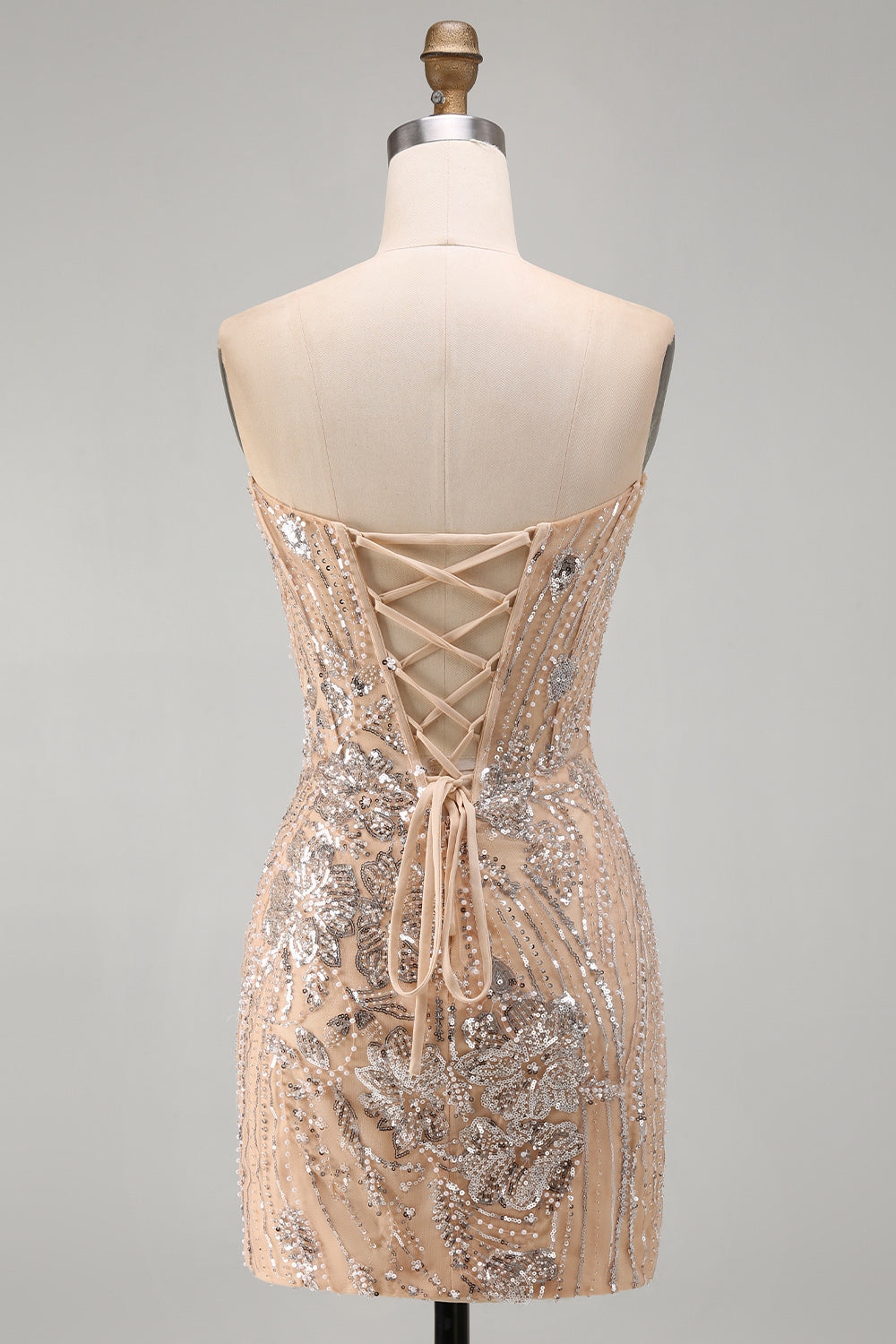 Champagne Strapless Sequins Bodycon Homecoming Dress with Lace Up Back
