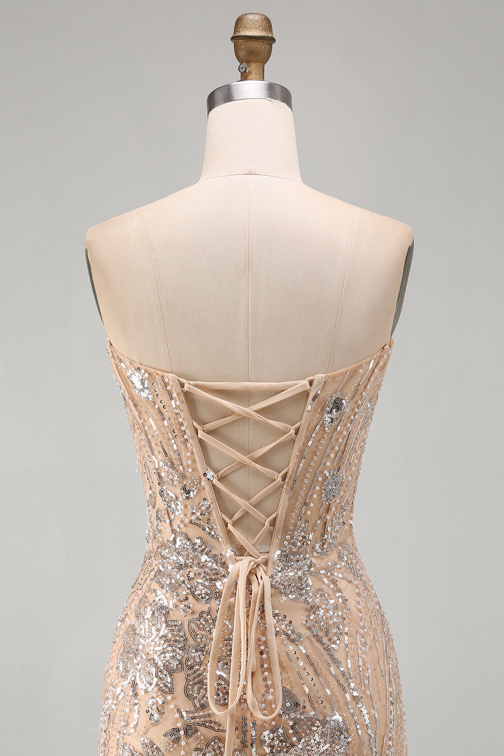 Champagne Strapless Sequins Bodycon Homecoming Dress with Lace Up Back