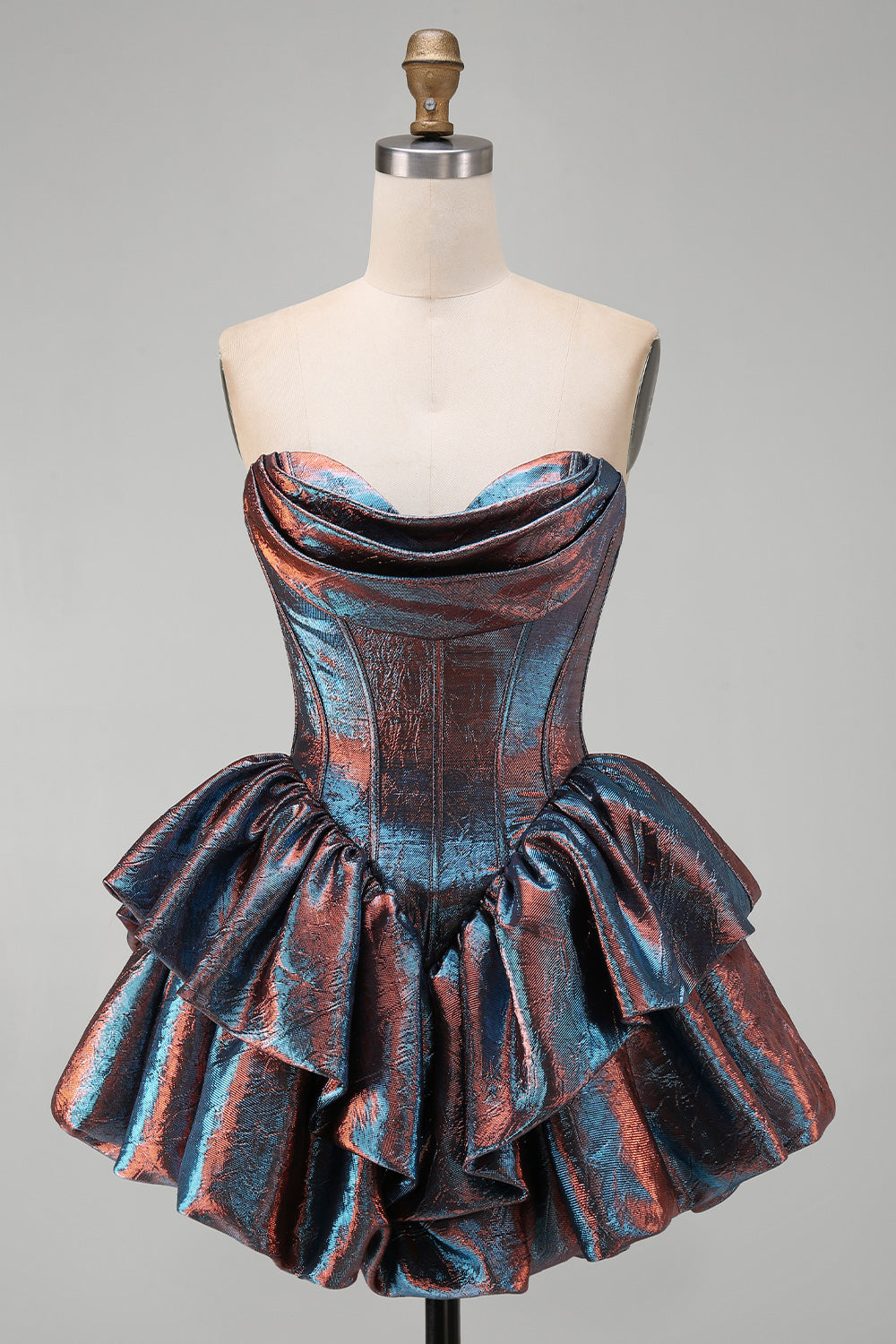 Iridescent Metallic Strapless Corset Tiered Basque Waist Homecoming Dress with Ruffles