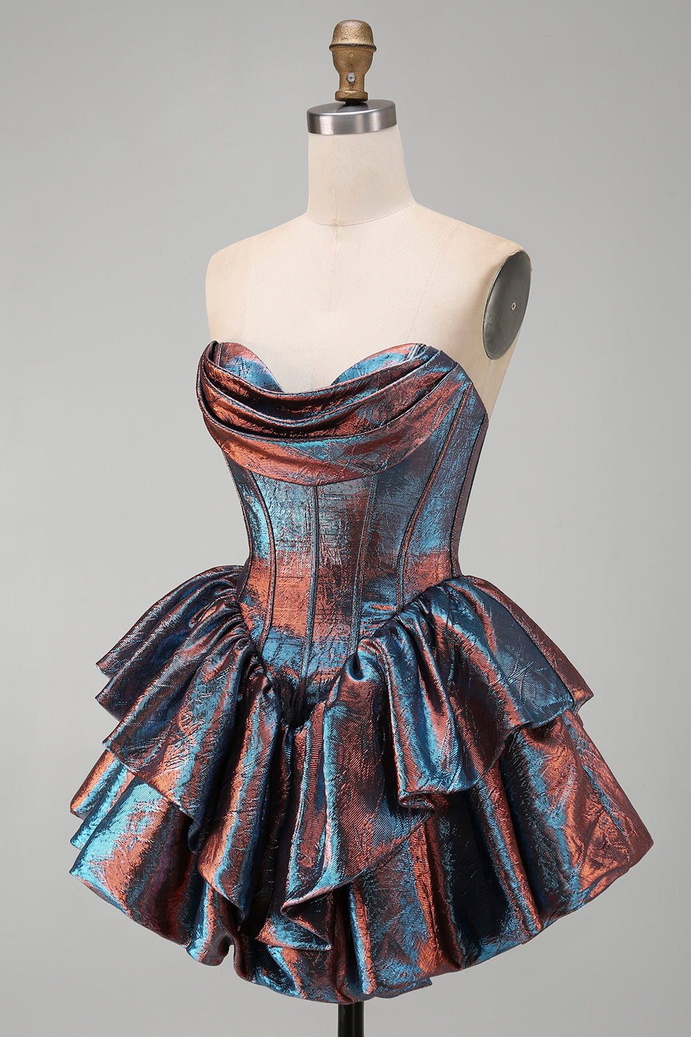 Iridescent Metallic Strapless Corset Tiered Basque Waist Homecoming Dress with Ruffles