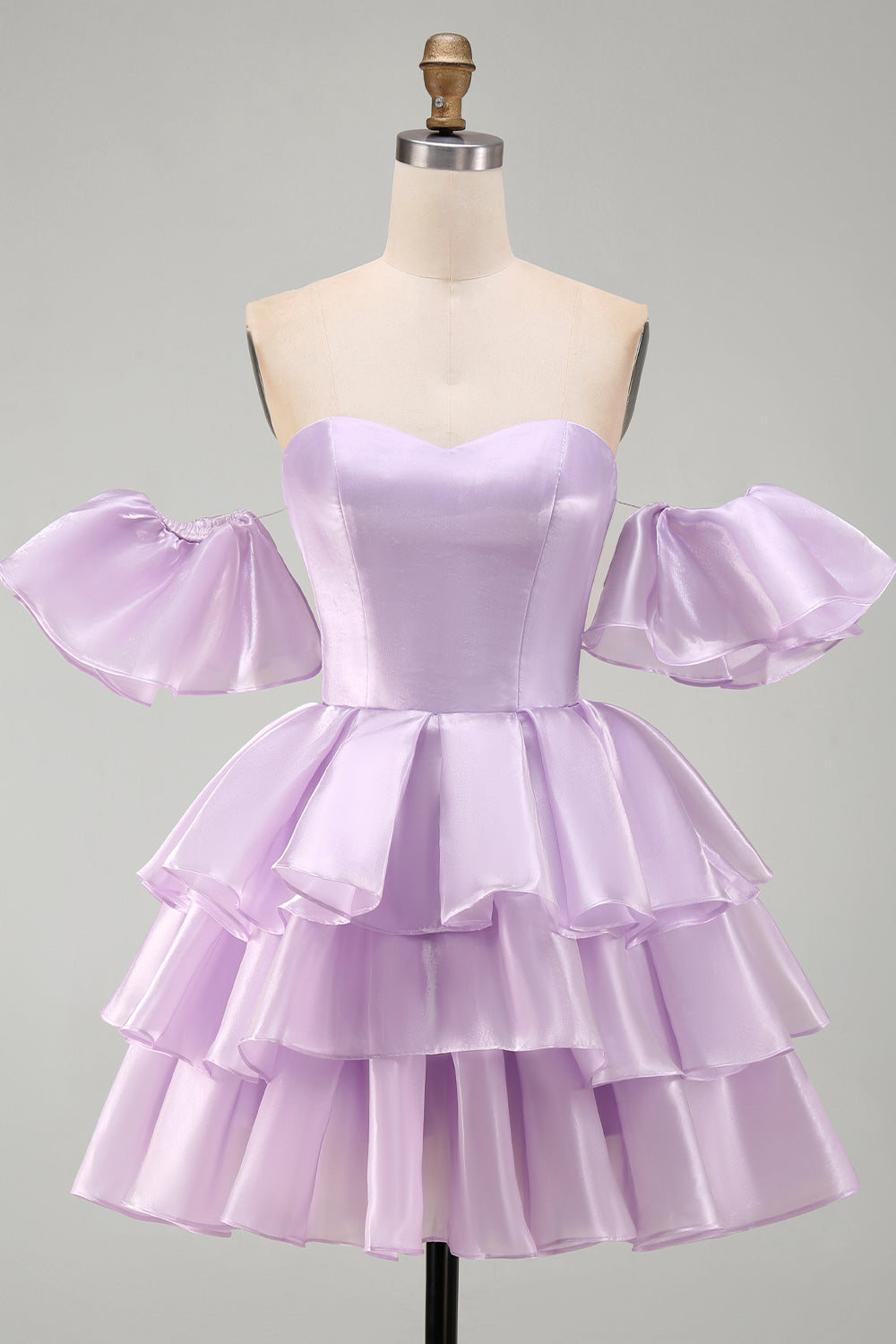 Off the Shoulder Lilac A-Line Tiered Ruffled Short Homecoming Dress with Lace Up Back