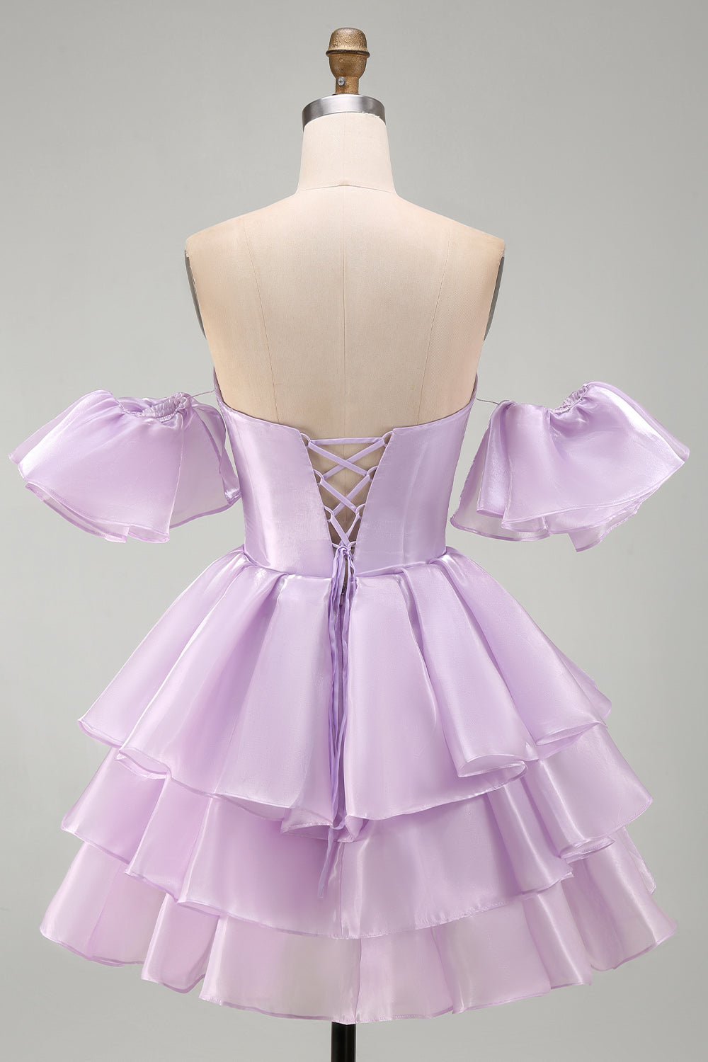 Off the Shoulder Lilac A-Line Tiered Ruffled Short Homecoming Dress with Lace Up Back