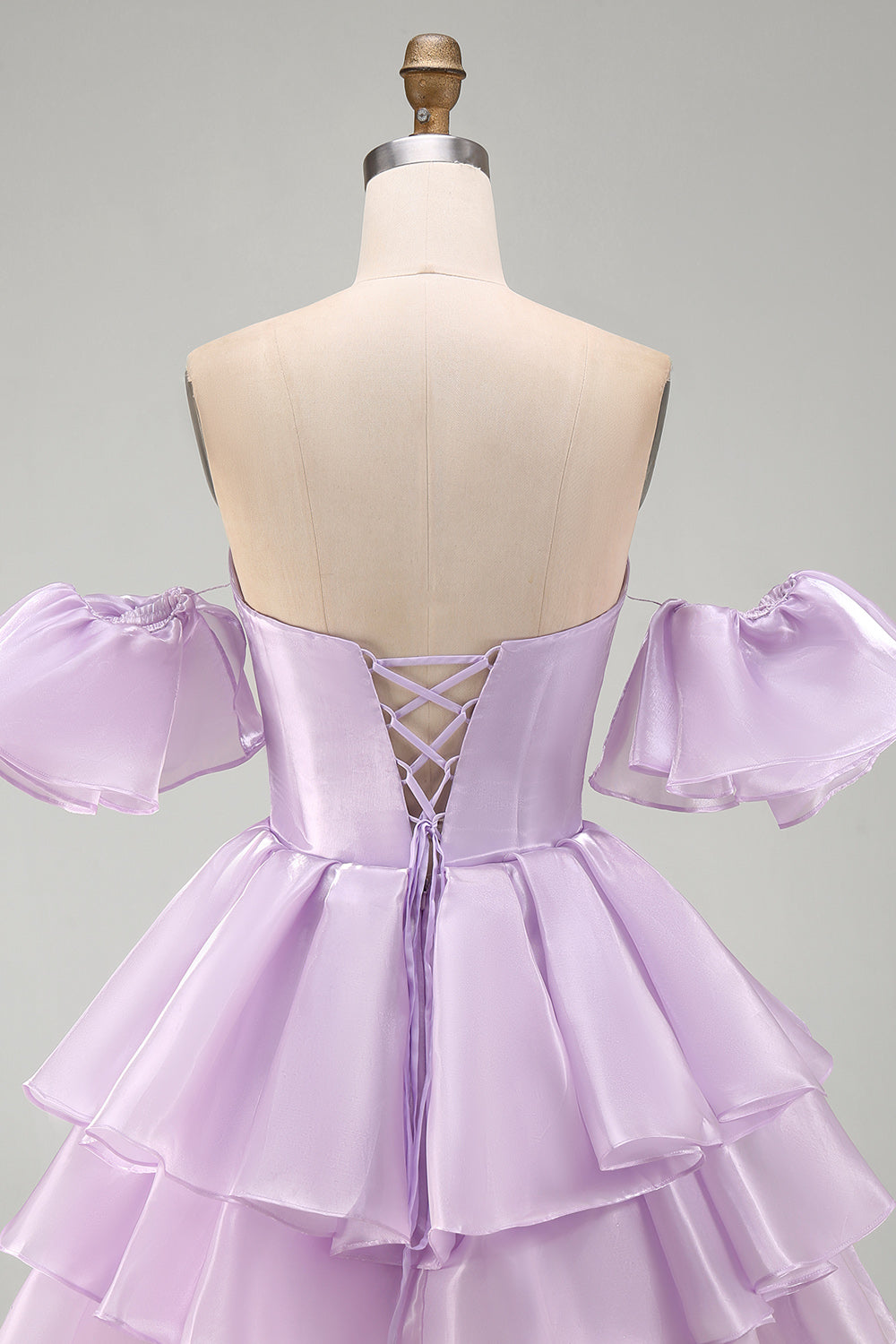 Off the Shoulder Lilac A-Line Tiered Ruffled Short Homecoming Dress with Lace Up Back