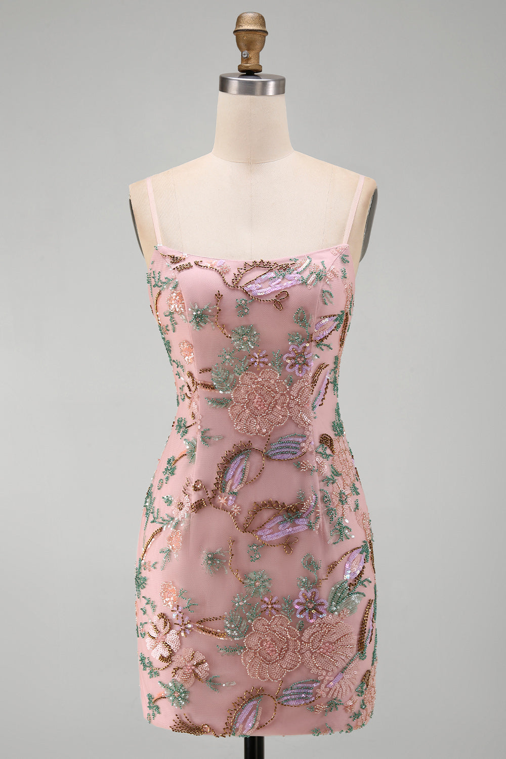 Pink Floral Embroidery Bodycon Lace Up Back Short Homecoming Dress with Sequins