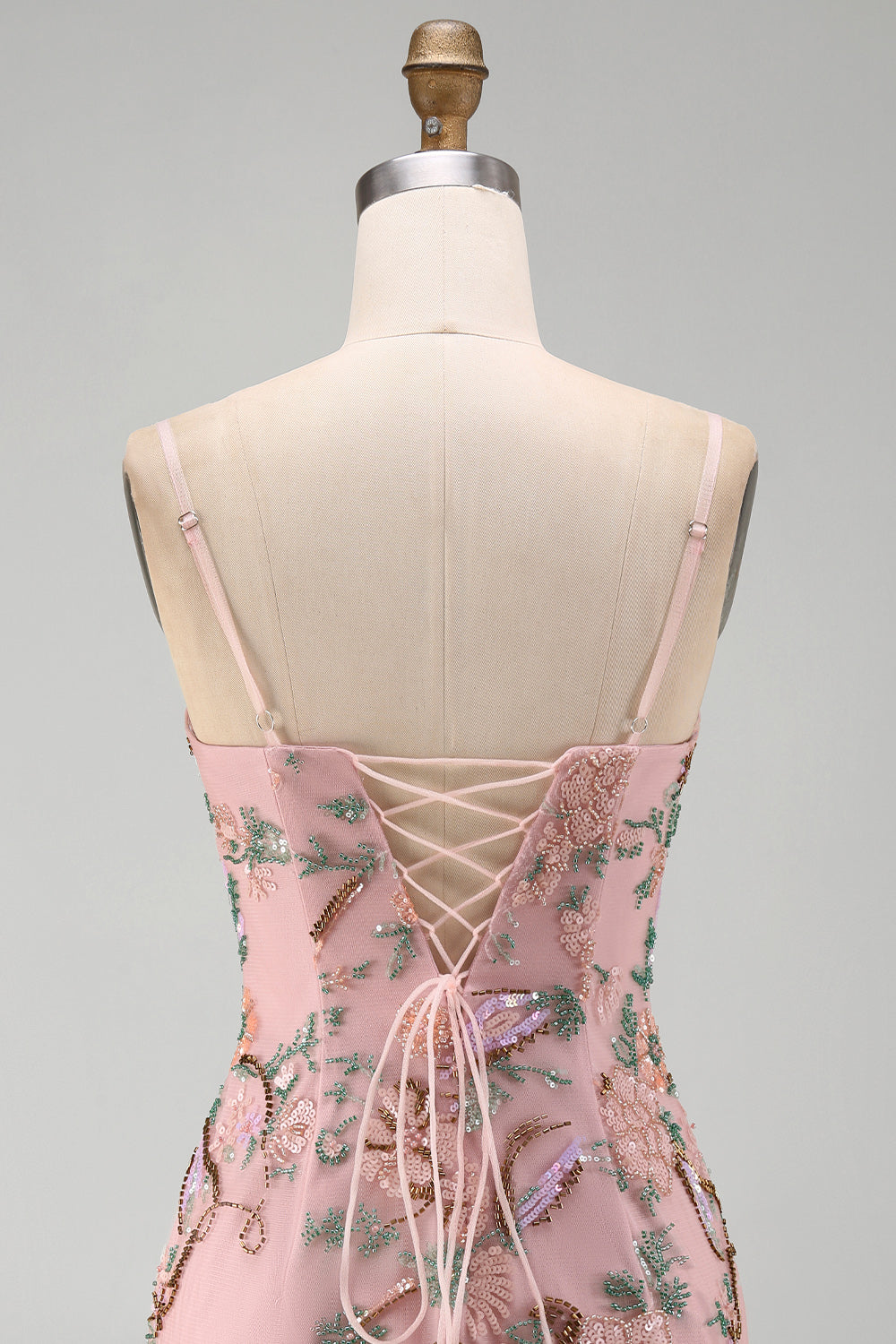 Pink Floral Embroidery Bodycon Lace Up Back Short Homecoming Dress with Sequins