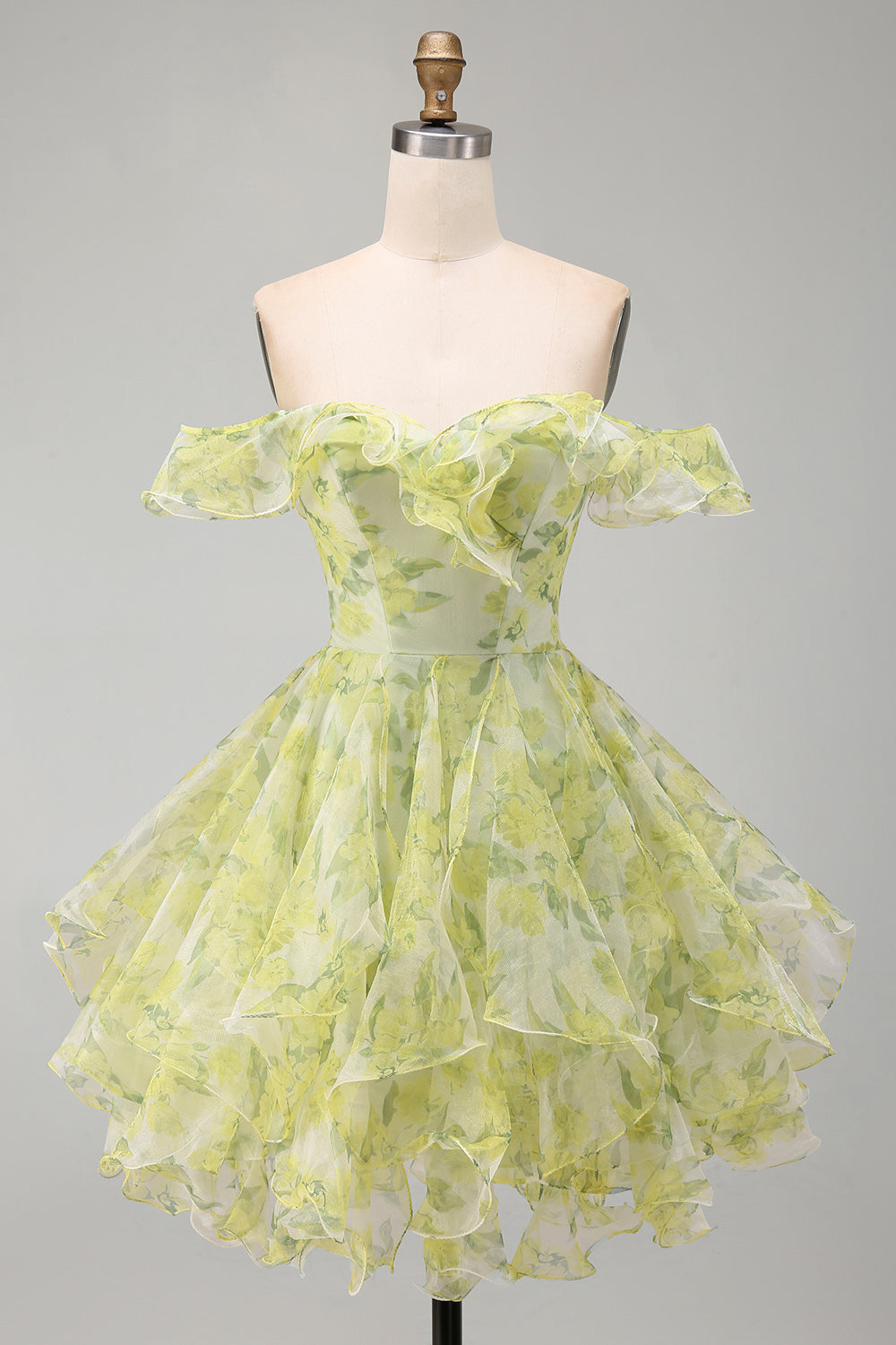 A-Line Yellow Green Off the Shoulder Floral Short Homecoming Dress with Ruffles
