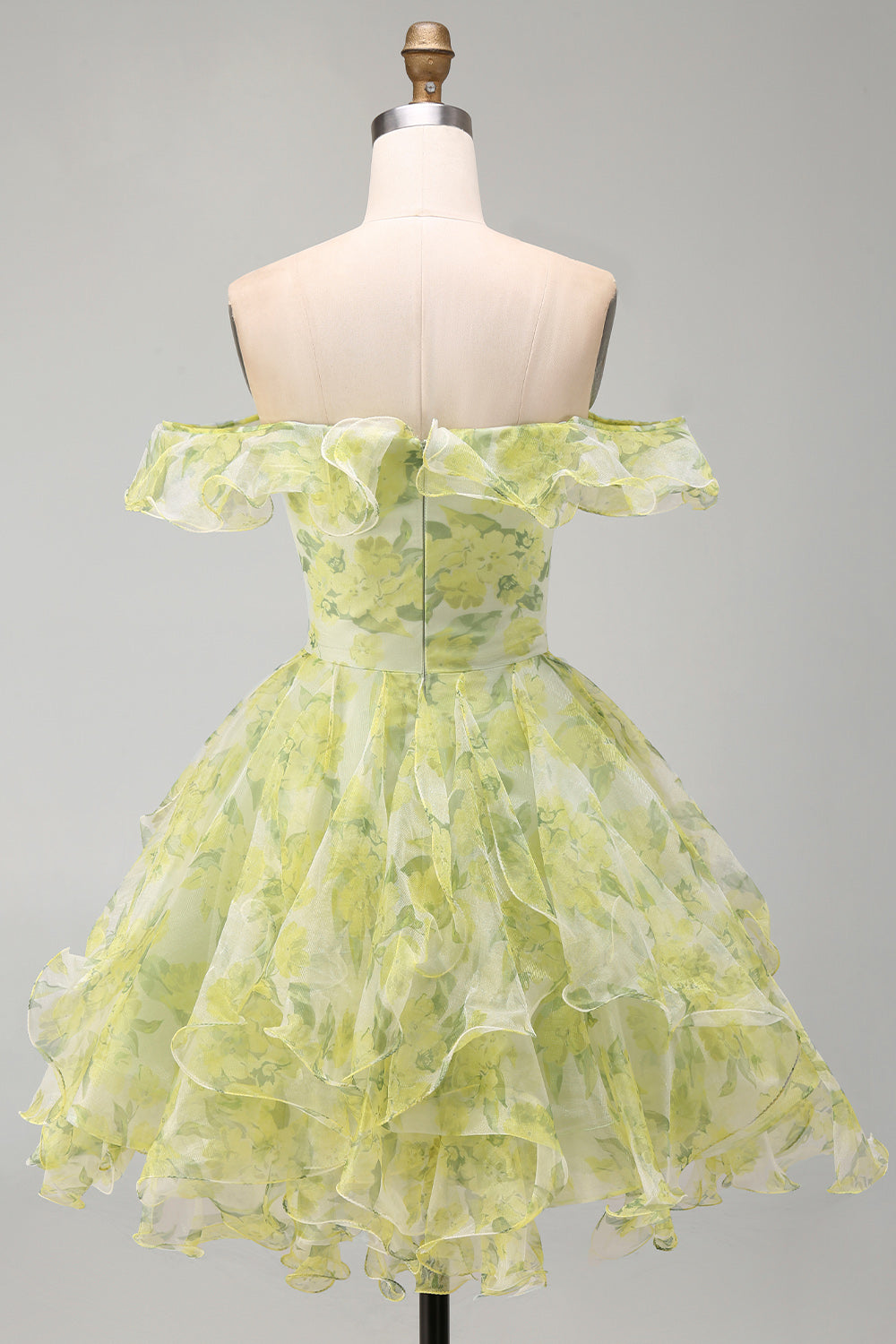 A-Line Yellow Green Off the Shoulder Floral Short Homecoming Dress with Ruffles