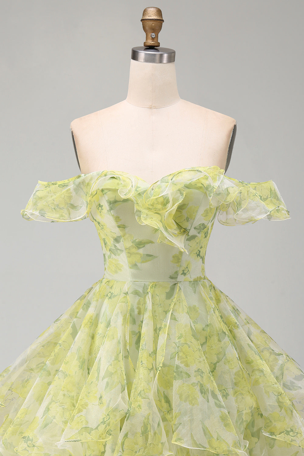 A-Line Yellow Green Off the Shoulder Floral Short Homecoming Dress with Ruffles