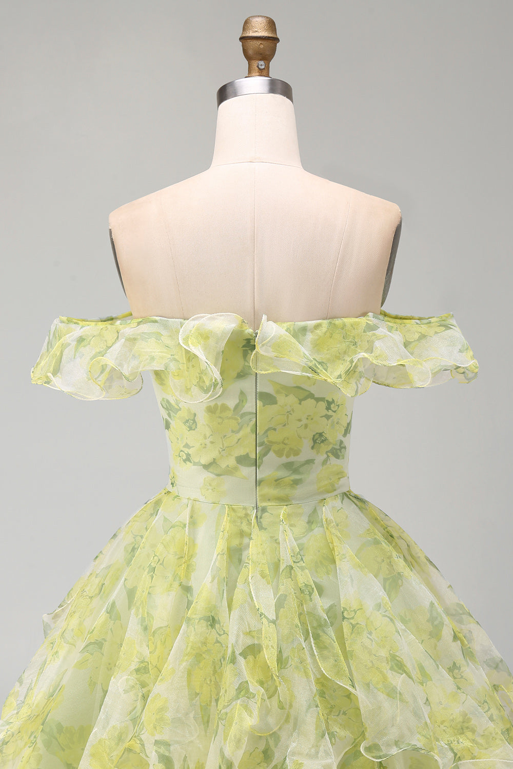 A-Line Yellow Green Off the Shoulder Floral Short Homecoming Dress with Ruffles