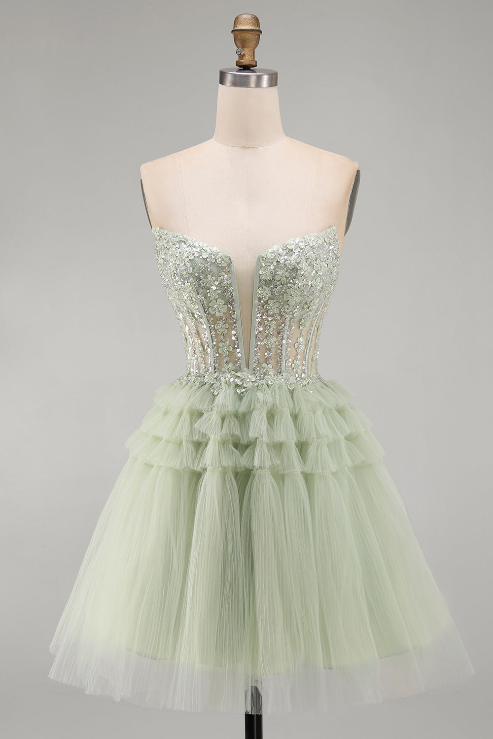 Strapless A-Line Dusty Sage Corset Floral Ruffled Homecoming Dress with Beading