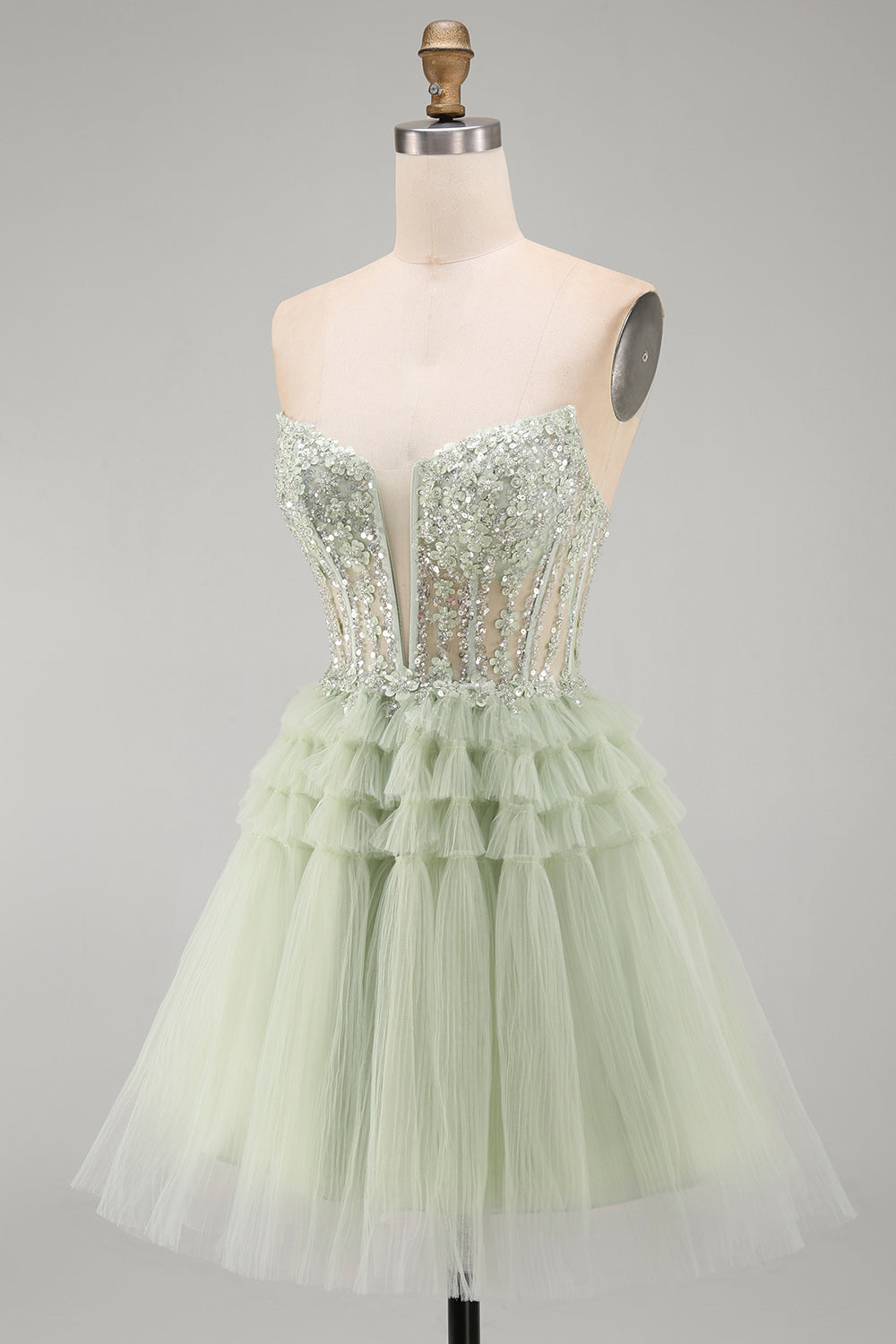 Strapless A-Line Dusty Sage Corset Floral Ruffled Homecoming Dress with Beading