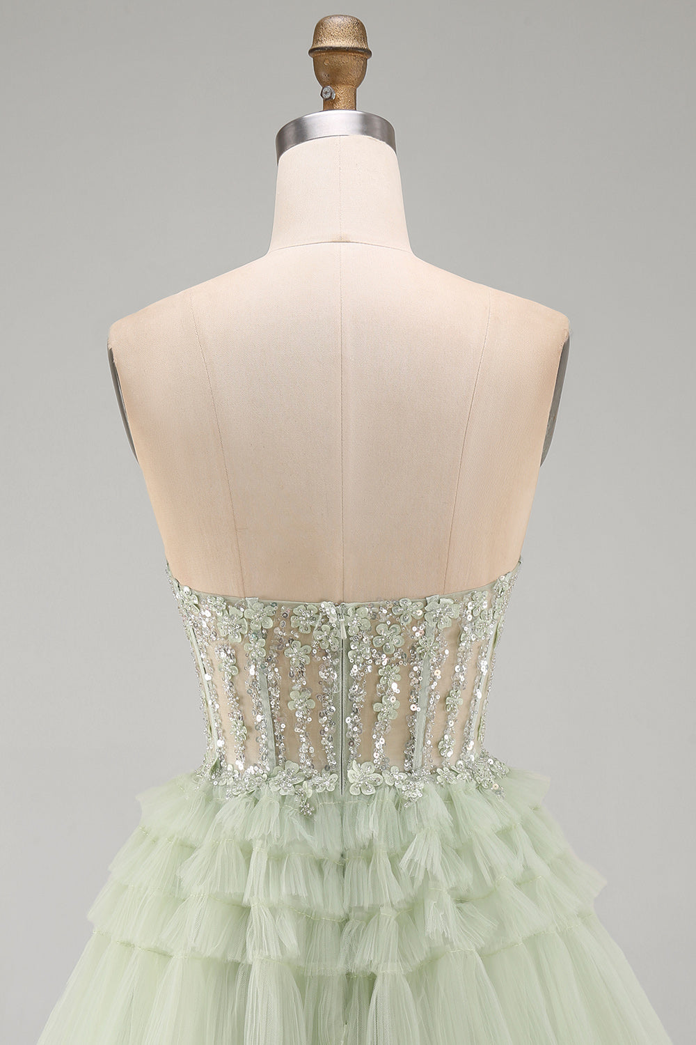 Strapless A-Line Dusty Sage Corset Floral Ruffled Homecoming Dress with Beading