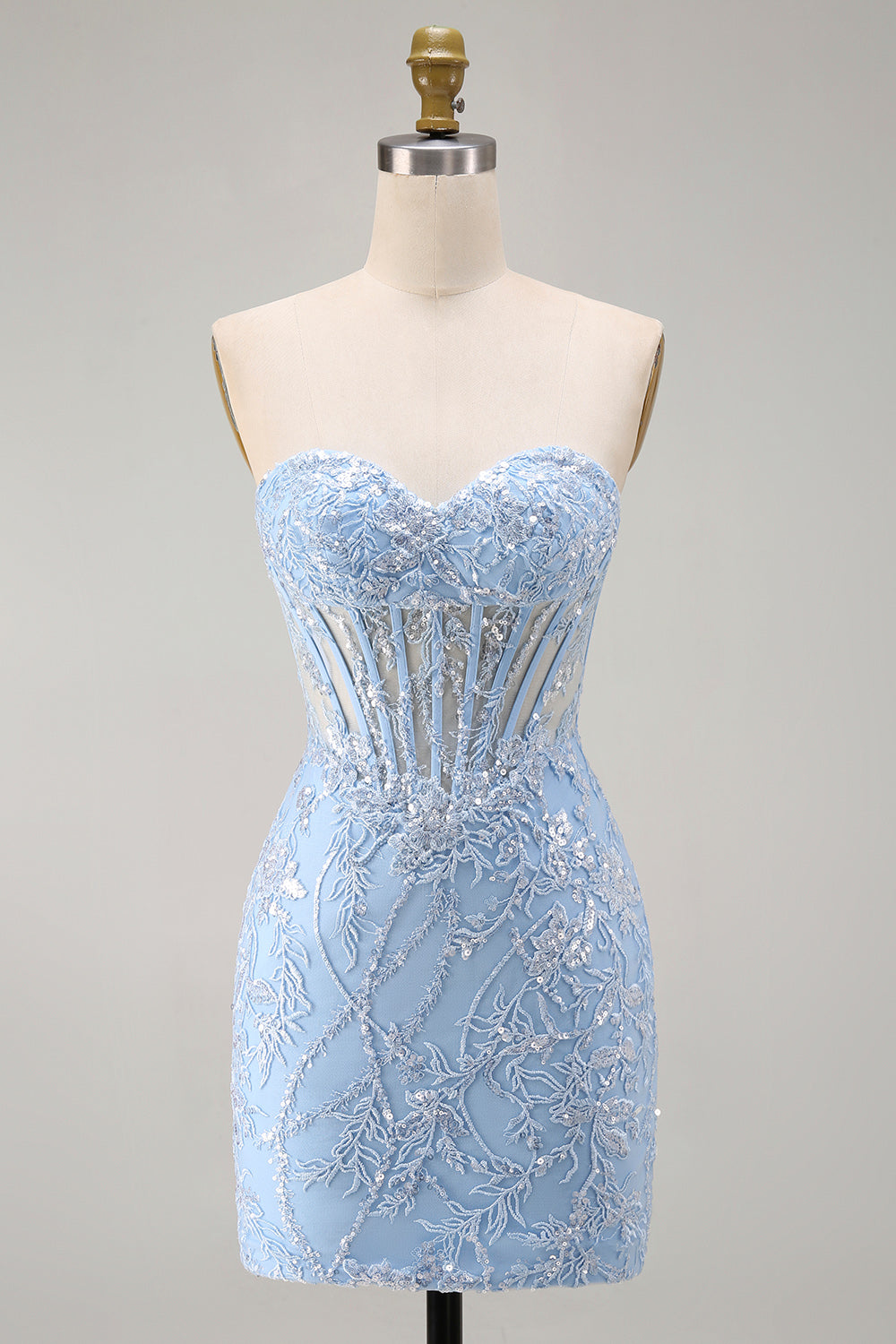 Blue Sweetheart Sheer Corset Bodycon Sequins Short Homecoming Dress with Appliques