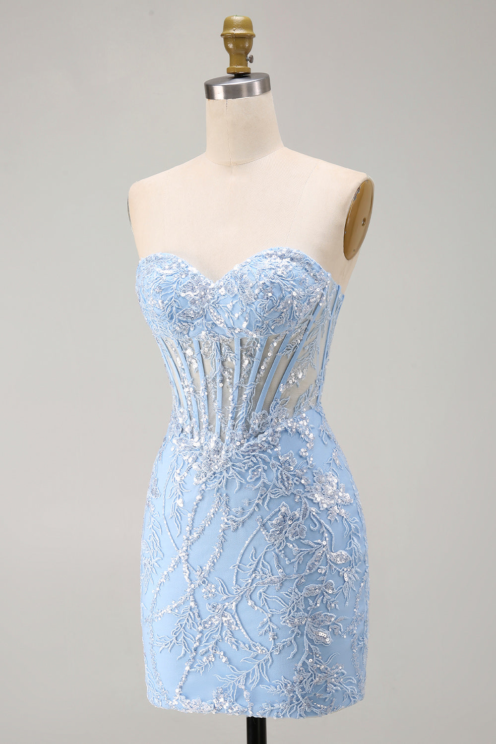 Blue Sweetheart Sheer Corset Bodycon Sequins Short Homecoming Dress with Appliques