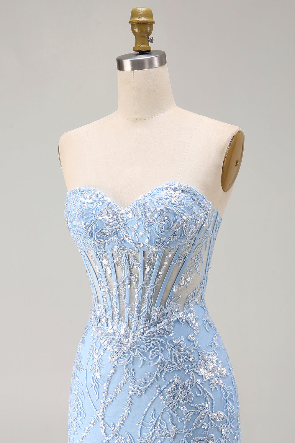 Blue Sweetheart Sheer Corset Bodycon Sequins Short Homecoming Dress with Appliques