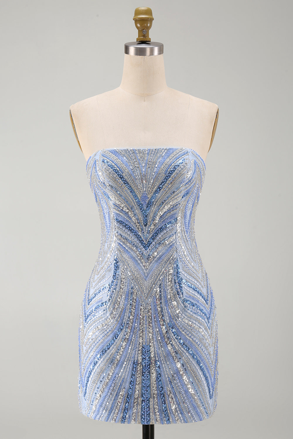 Sparkly Strapless Blue Bodycon Sequins Short Homecoming Dress with Beading