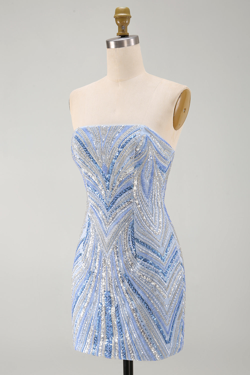 Sparkly Strapless Blue Bodycon Sequins Short Homecoming Dress with Beading