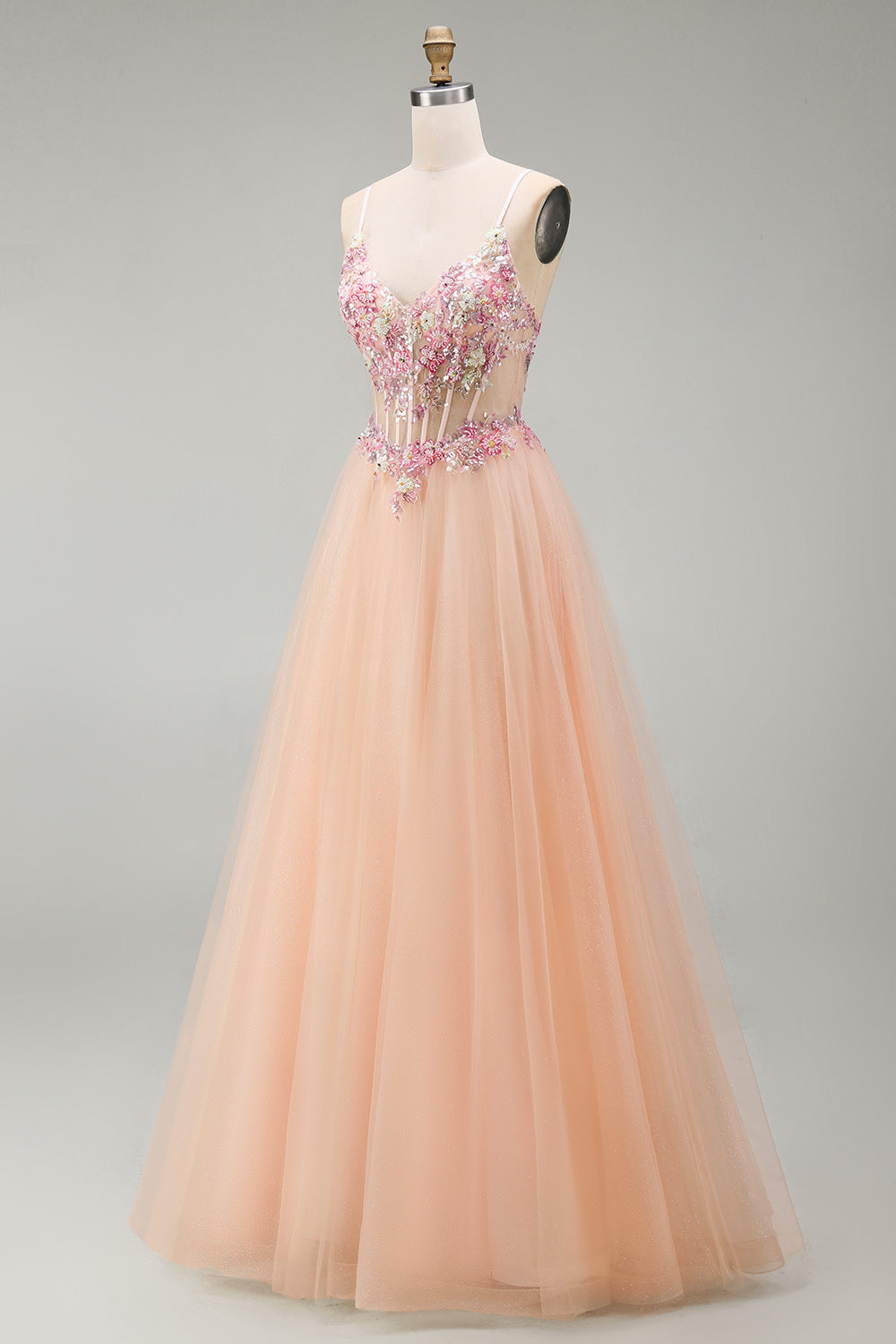 Champagne A-Line Tulle Sheer Corset Floral Long Prom Dress with Lace Up Back