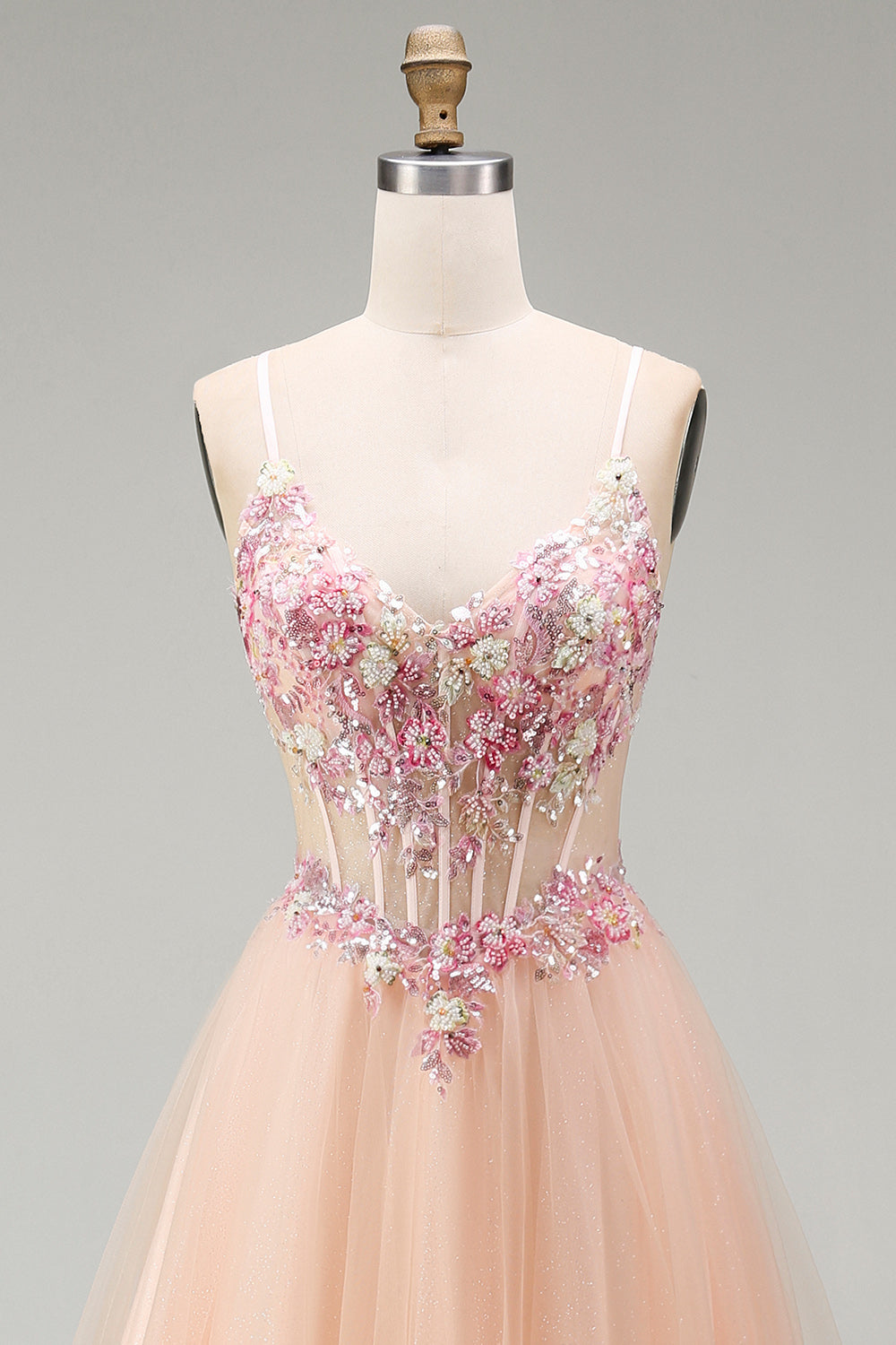 Champagne A-Line Tulle Sheer Corset Floral Long Prom Dress with Lace Up Back