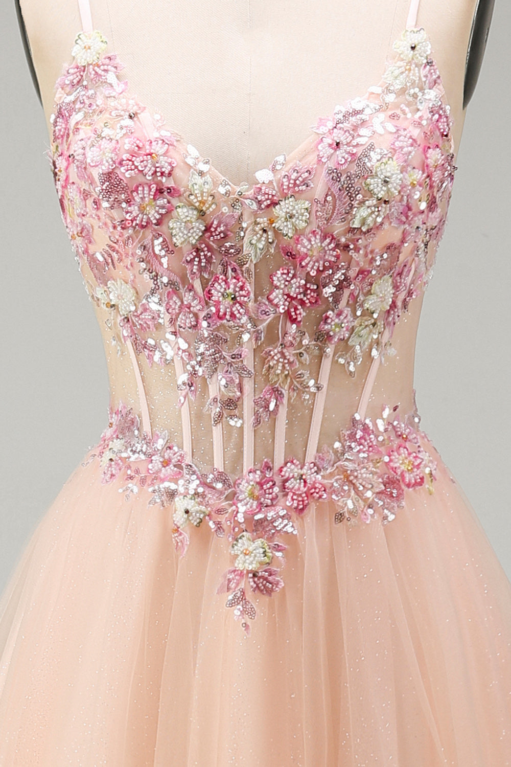 Champagne A-Line Tulle Sheer Corset Floral Long Prom Dress with Lace Up Back