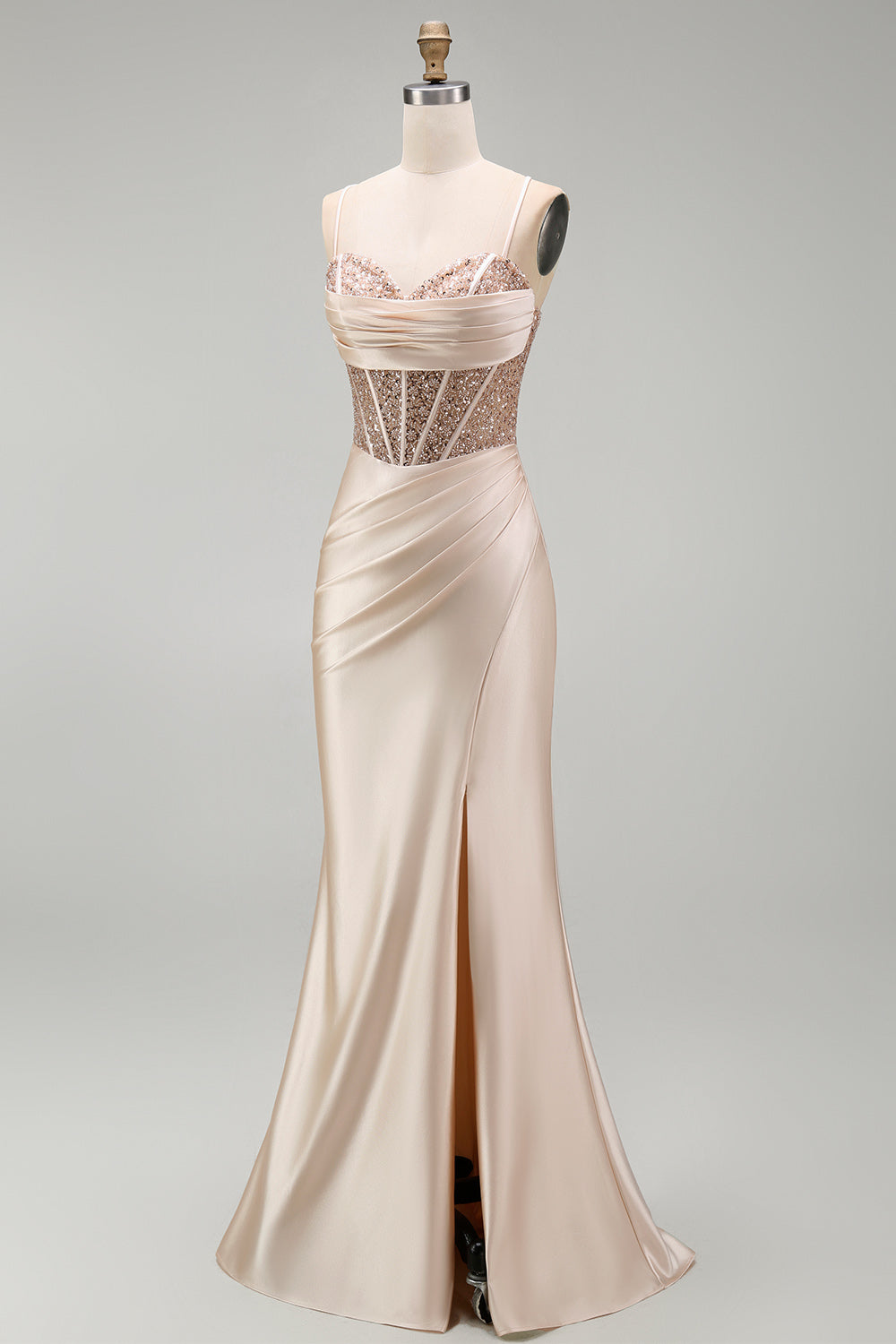 Champagne Mermaid Satin Corset Beaded Long Prom Dress with Slit