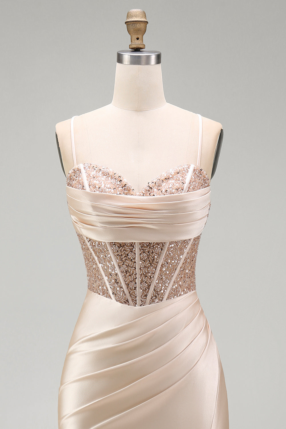 Champagne Mermaid Satin Corset Beaded Long Prom Dress with Slit