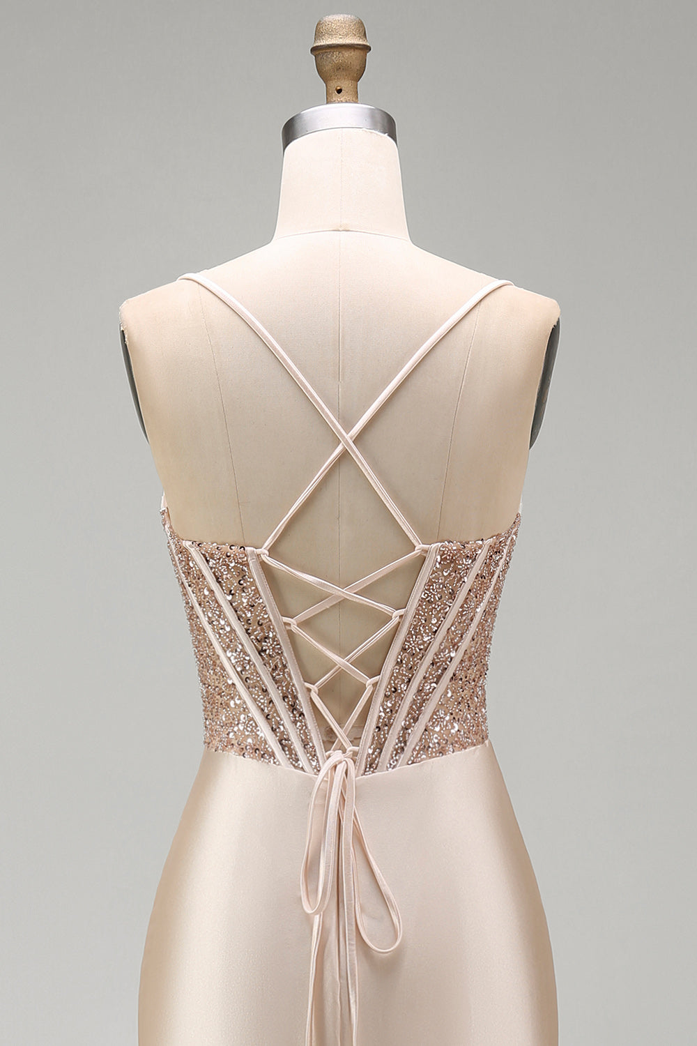 Champagne Mermaid Satin Corset Beaded Long Prom Dress with Slit