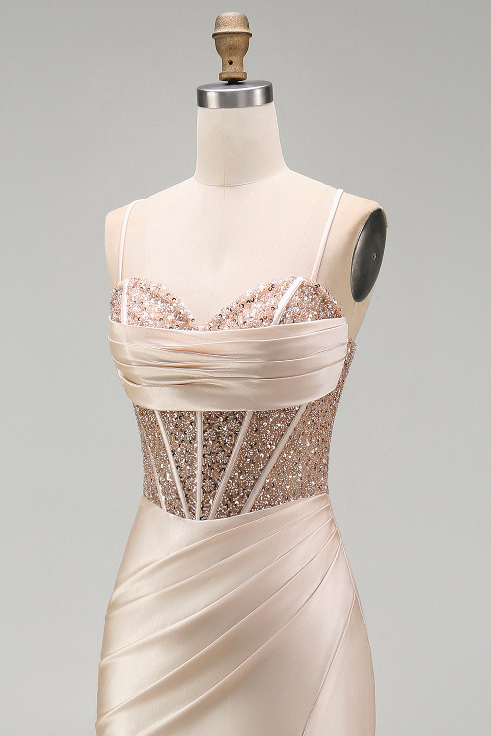 Champagne Mermaid Satin Corset Beaded Long Prom Dress with Slit