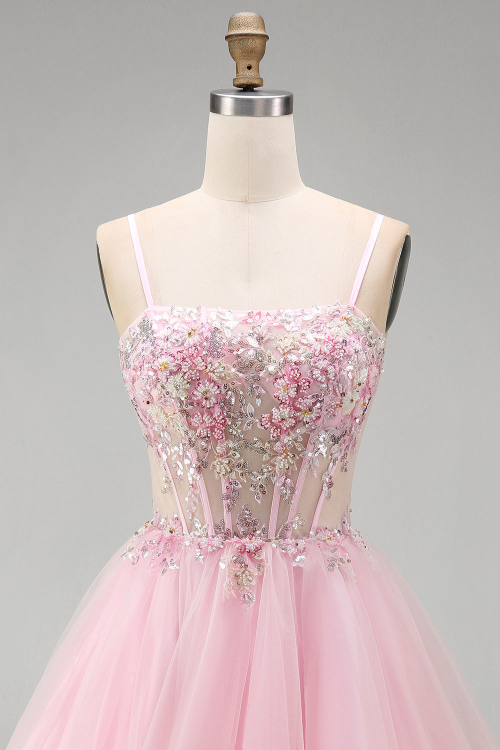 A-Line Pink Floral Corset Spaghetti Straps Sequins Short Homecoming Dress with Beading