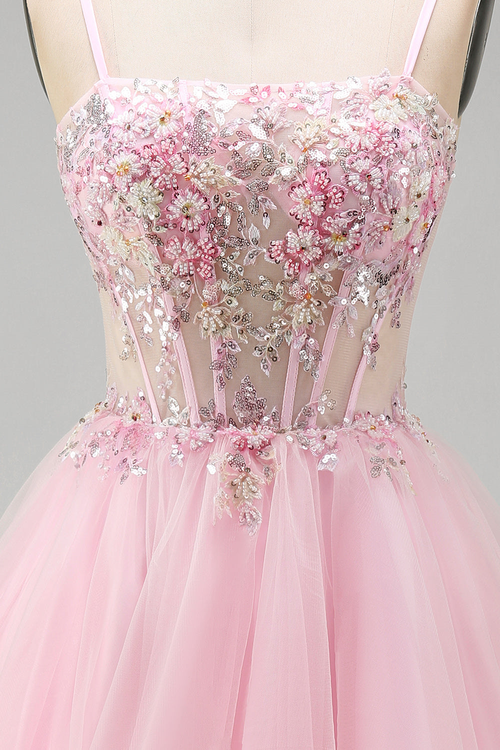 A-Line Pink Floral Corset Spaghetti Straps Sequins Short Homecoming Dress with Beading