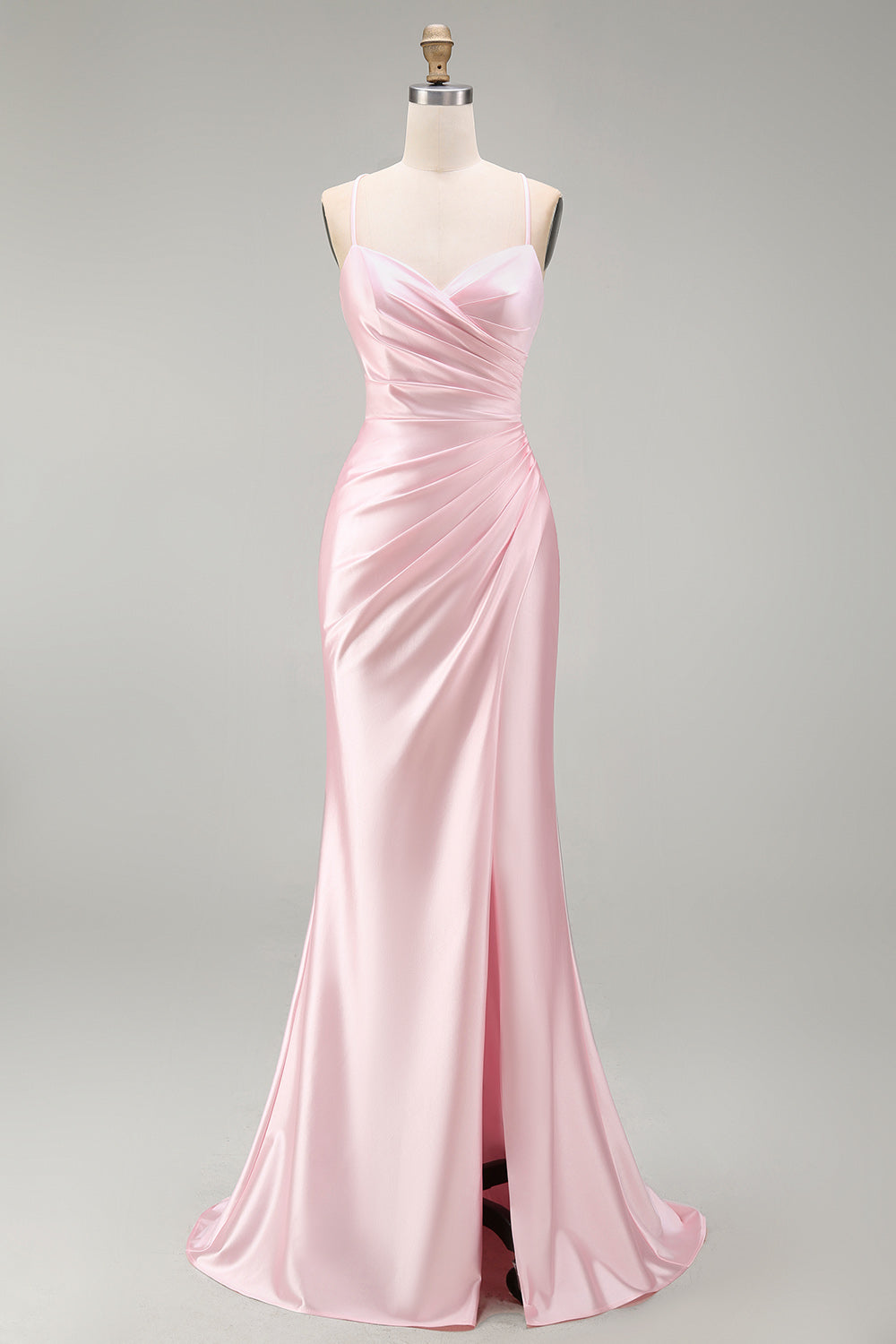 Satin Pink Mermaid Ruched Long Prom Dress with Slit