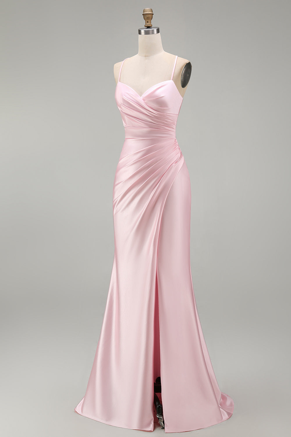 Satin Pink Mermaid Ruched Long Prom Dress with Slit