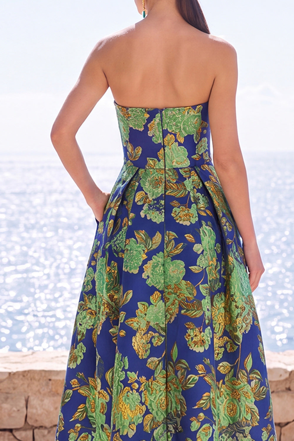 Pink Flower Strapless A-Line Jacquard Midi Dress