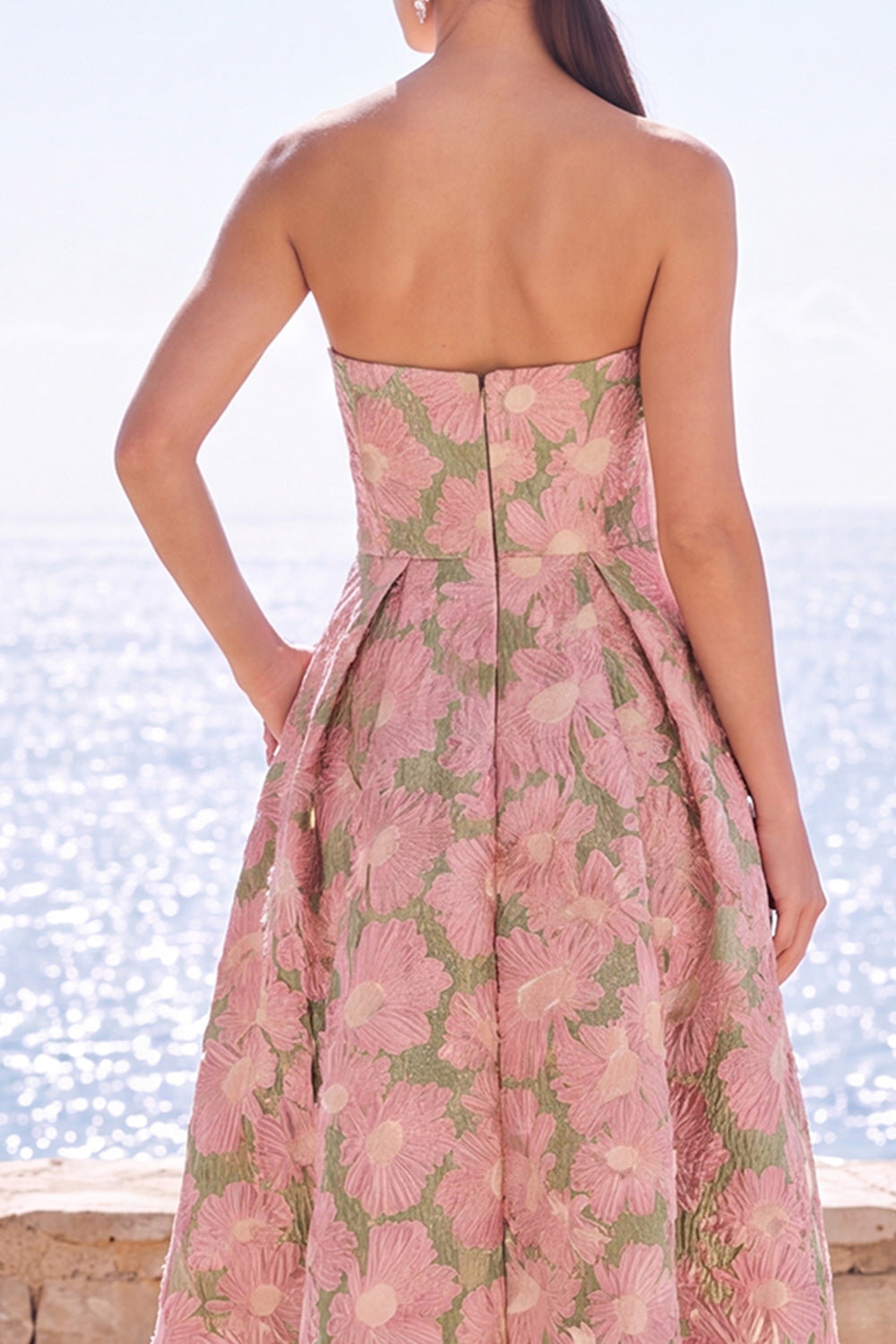 Pink Flower Strapless A-Line Jacquard Midi Dress